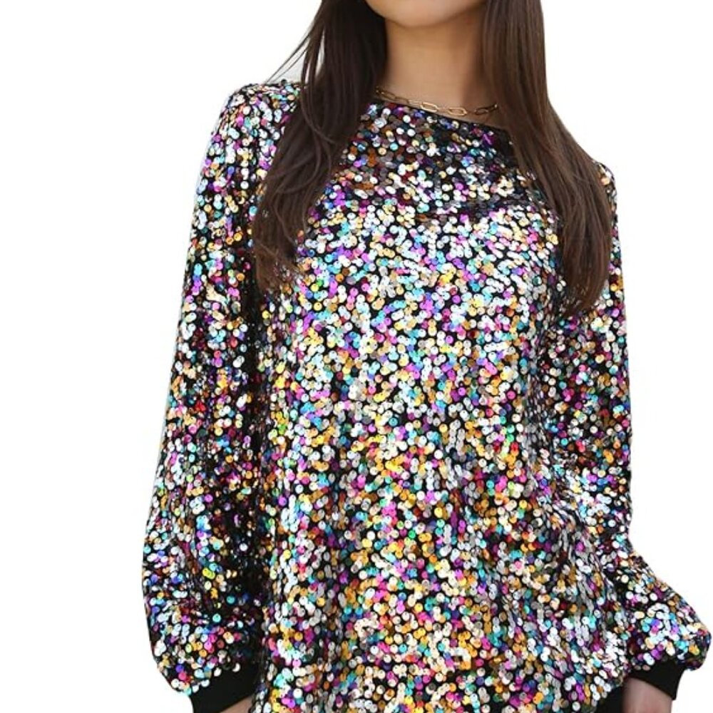 New w tag Women Sparkly  Glitter Pullover Sweatshirt Long Sleeve Sequin T
